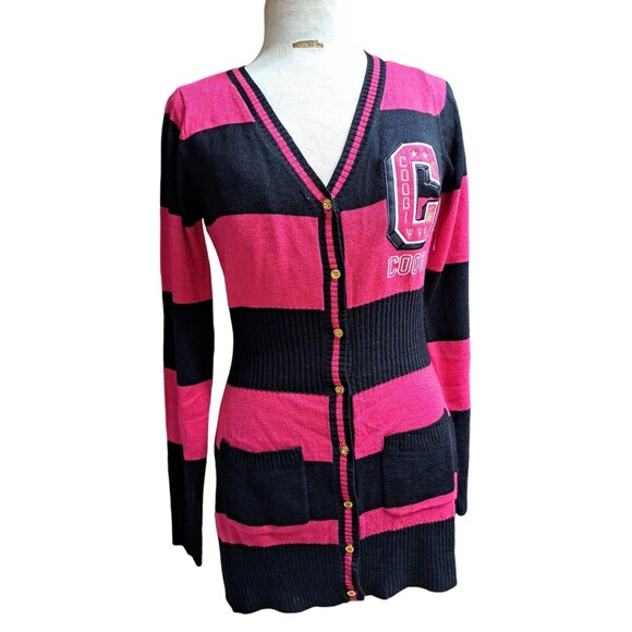 COOGI Tops - Coogi Cardigan Sweater Women L Pink Black Striped Vintage Retro 90s Letterman